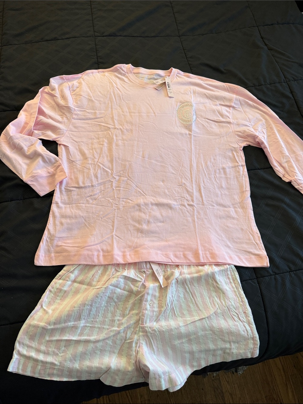 Victoria's Secret Light Pink Long-Sleeve Pajama Top with Pastel Striped Shorts